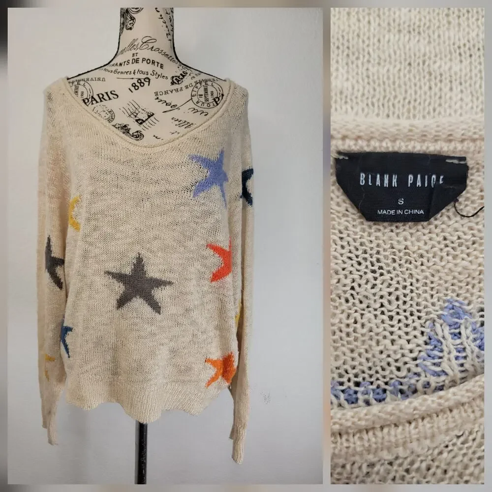 Blank Paige Star Print Pullover Sweater Multicolor Oversized Long Sleeve Small